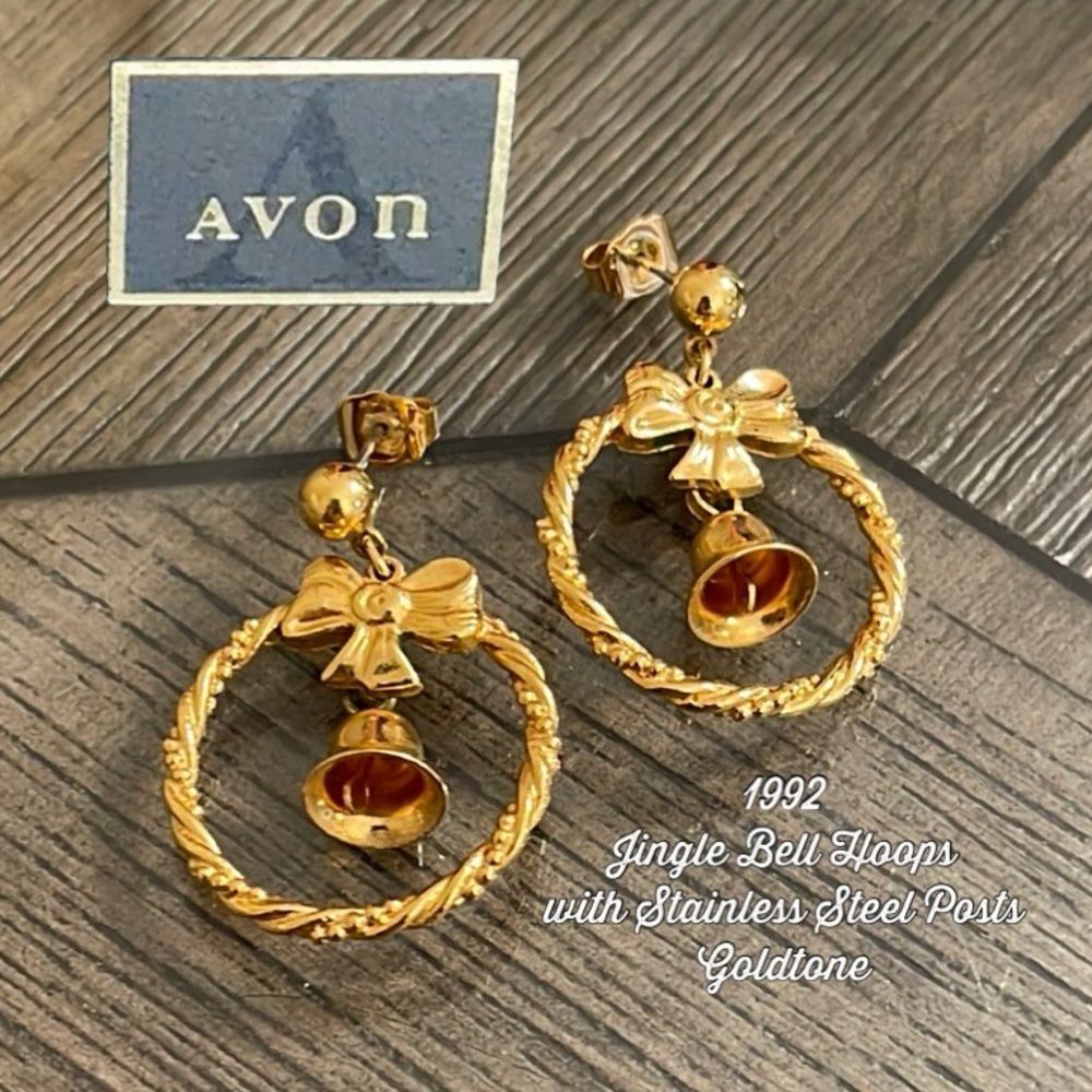 Vintage Avon 1992 Jingle Bell Gold Bow and Bell Earrings Christmas- Holiday